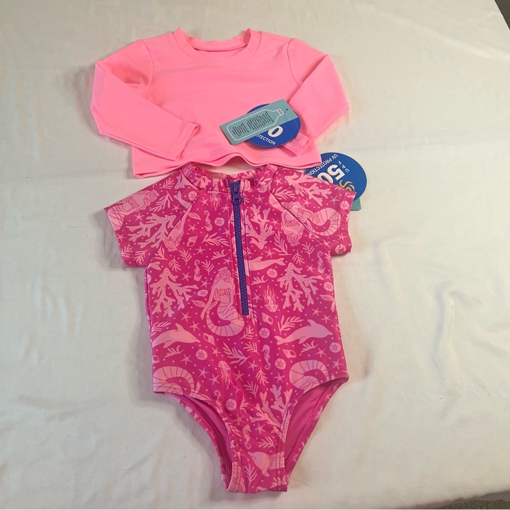 NWT Sōl Borne 2-Piece Mermaid Rash Guard Zip Front‎ UPF Swim Set Pink 12M